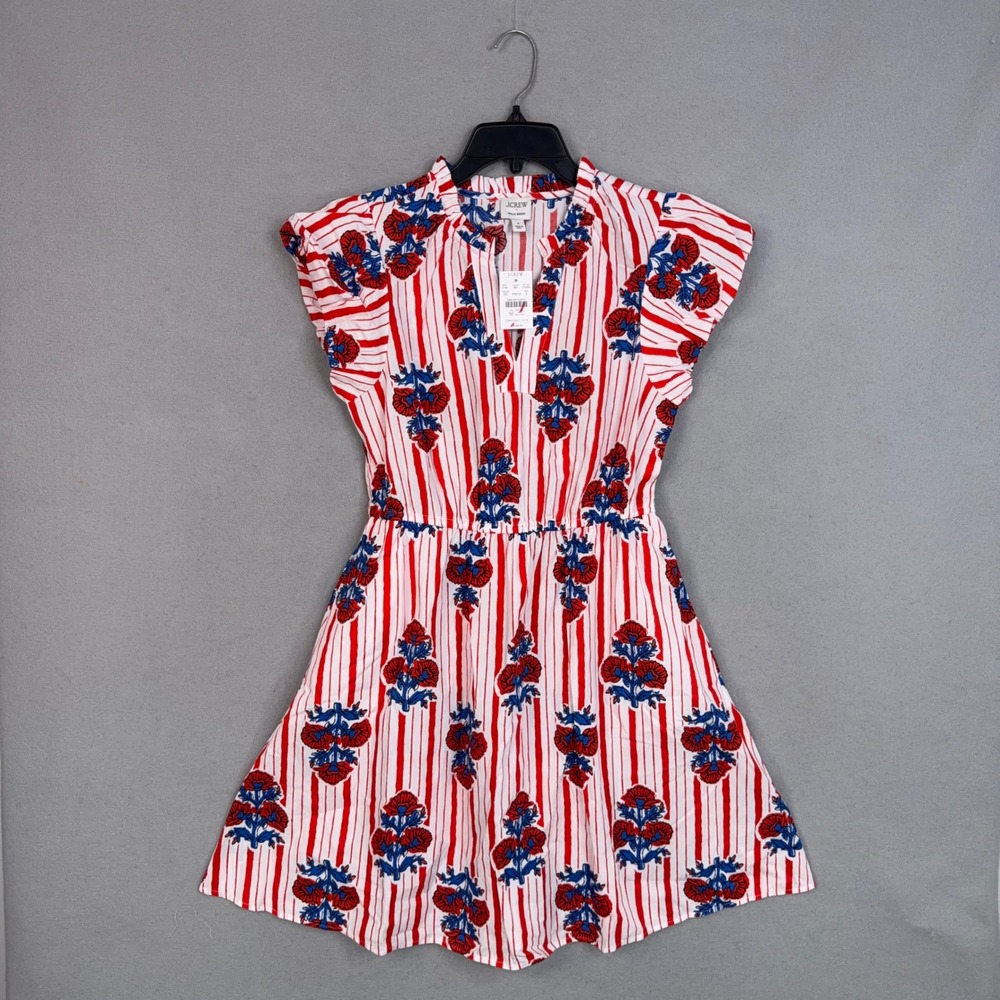 J.Crew Dress Womens 6 Red Floral Stripe Flutter Sleeve Cotton Mini Preppy Willa
